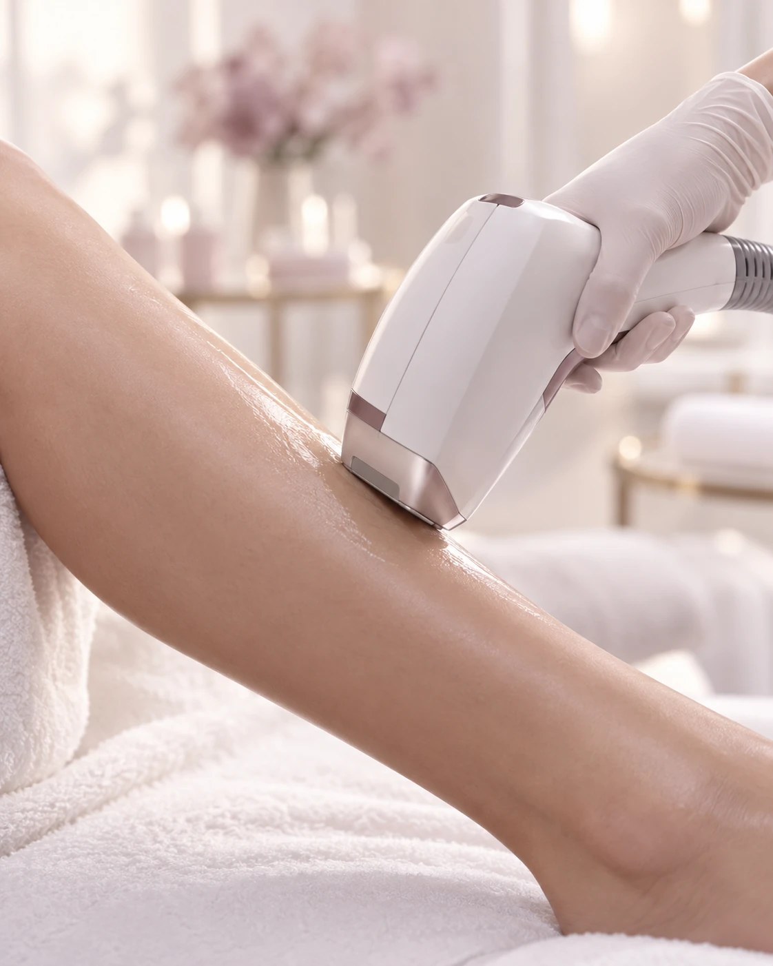 Épilation laser professionnelle réalisée sur une jambe