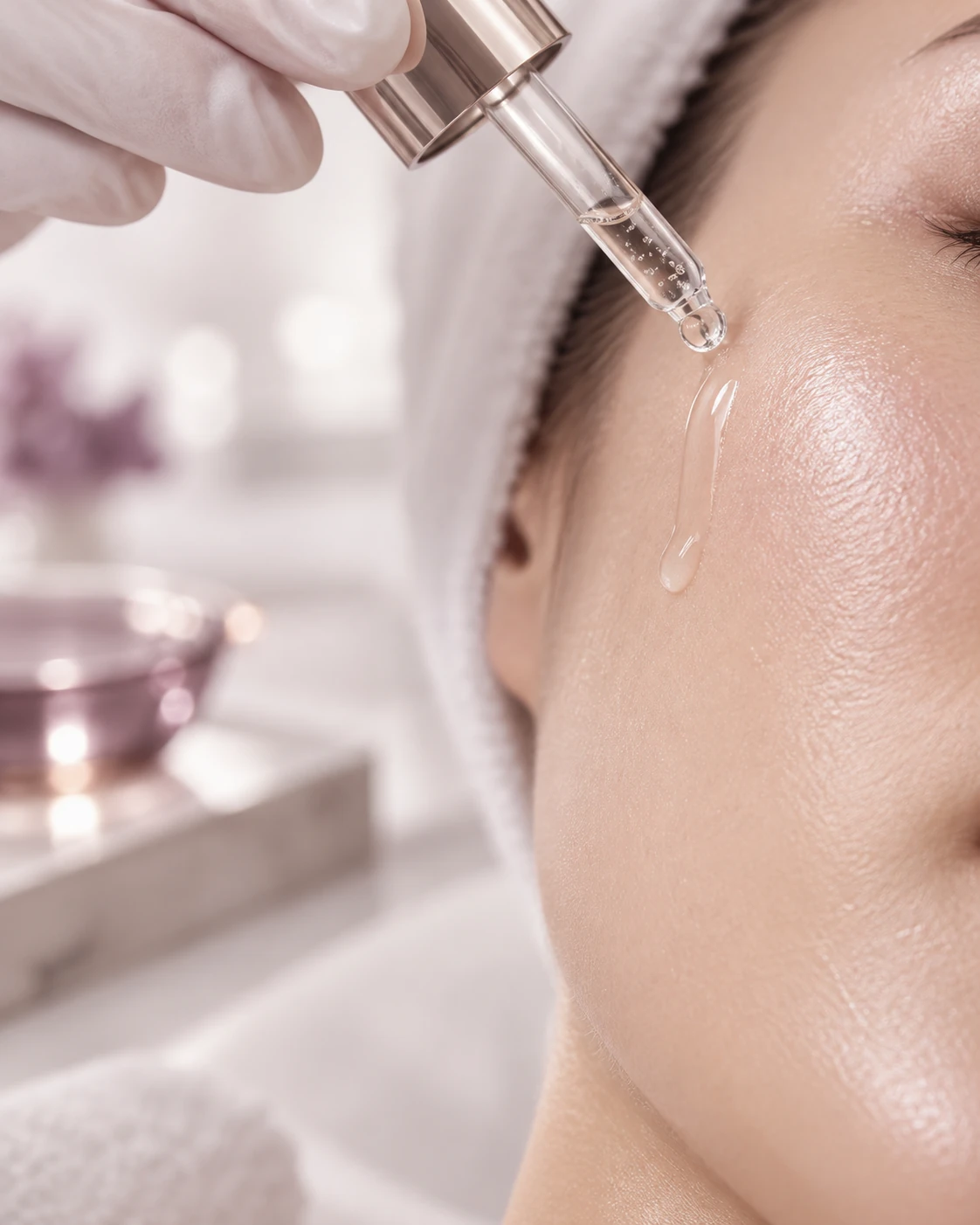 Sérum professionnel appliqué lors d’un soin du visage